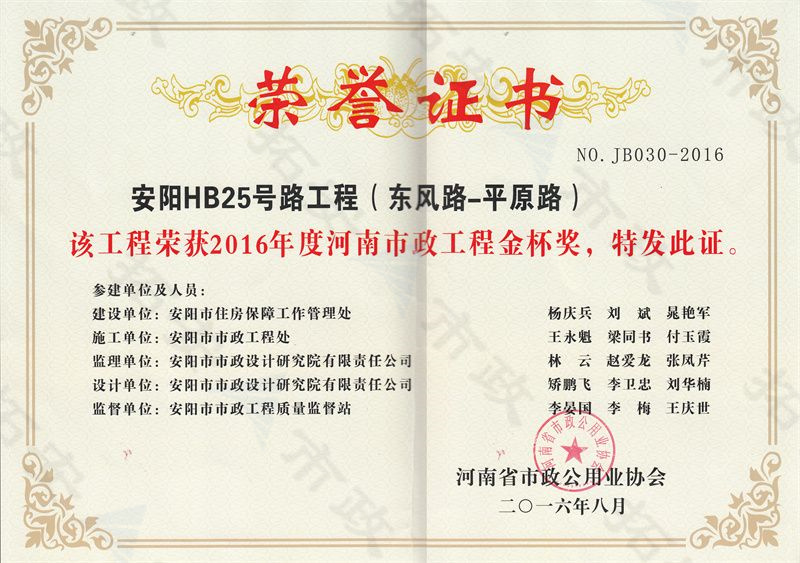HB25號路(東風(fēng)路-平原路)工程金杯獎